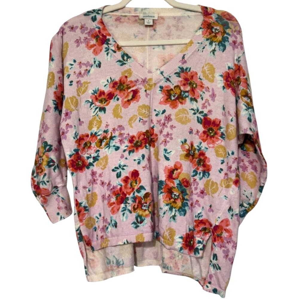 Sundance Watercolor Floral Knit Sweater V-Neck Dolman Sleeve Boho Cotton Size S